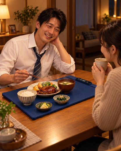 帰宅後の夕食もあたたかいまま。NUKUMI™ 食卓の保温マットを囲む夫婦